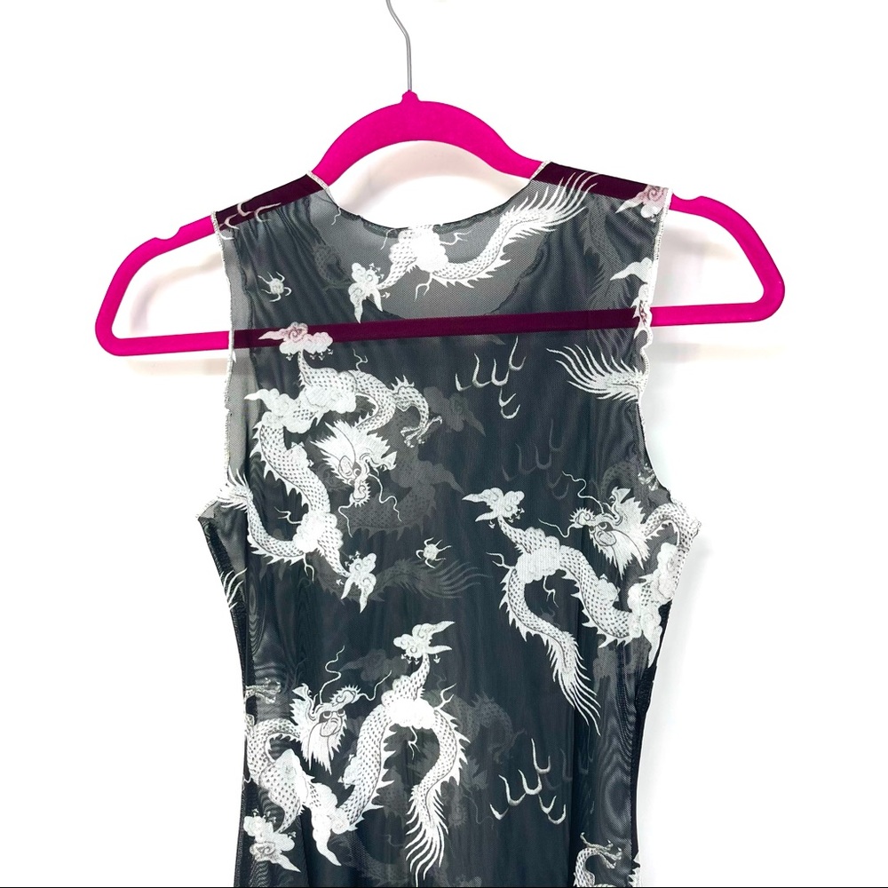 XS Black Chinese Dragon Lettuce Trim Mesh Dress - Picture 6 of 7